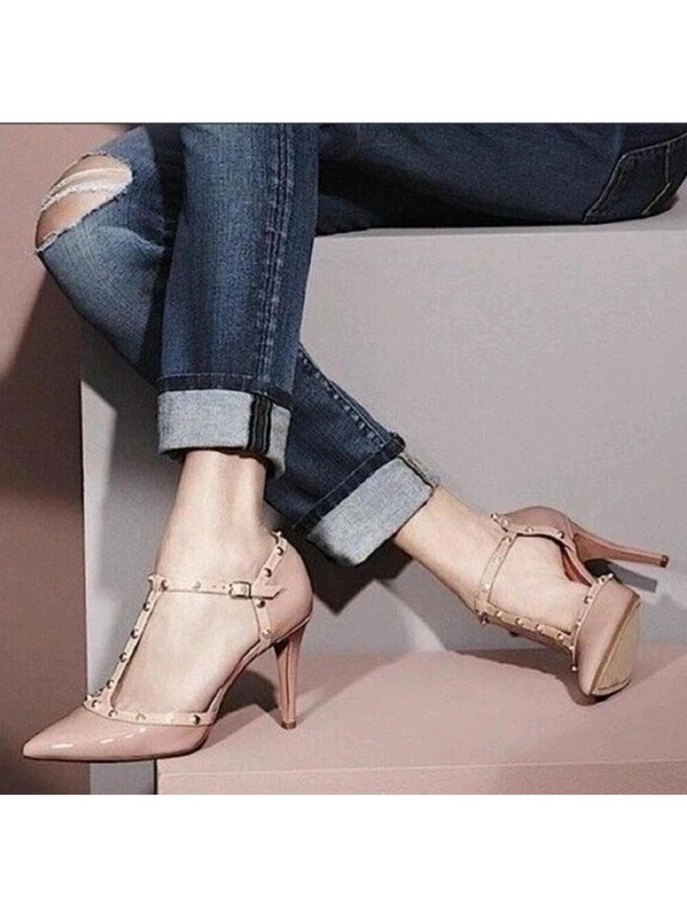 Halogen Martine Studded T Strap Pump  9 Pale Pink Patent Leather Stiletto Heels